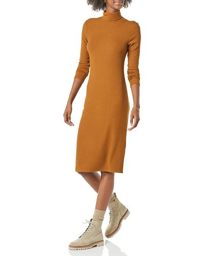 Amazon Essentials Fine Rib Long-sleeve Turtleneck Midi Dress - Brown