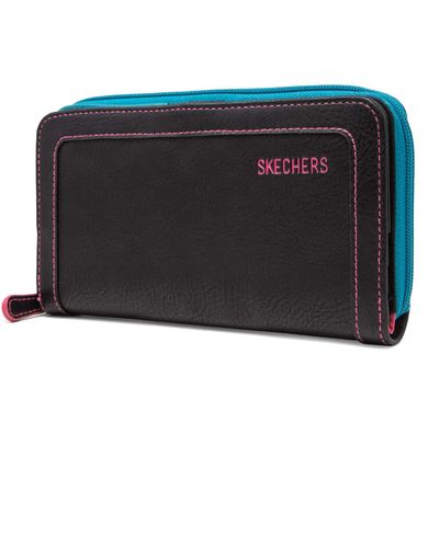 Skechers Large Zip Around Rfid Wallet Clutch Travel Accessory-bi-fold - Black