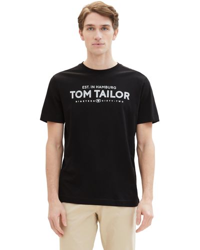 Tom Tailor Basic Crewneck T-Shrt mit Logo-Print aus Baumwolle - Schwarz