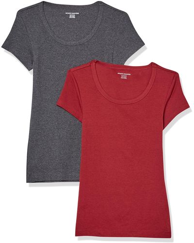 Amazon Essentials Camiseta Entallada con Cuello Redondo y gas Casquillo Mujer - Rojo