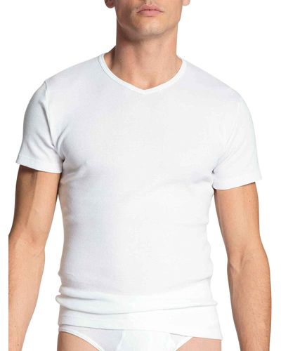 CALIDA T-Shirt in Cotone 1:1 con Scollo a V Canottiera - Bianco