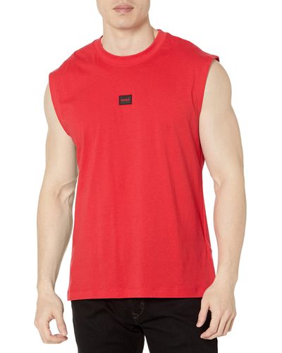 HUGO Centre Logo Sleeveless Crew Neck Cotton Shirt - Red