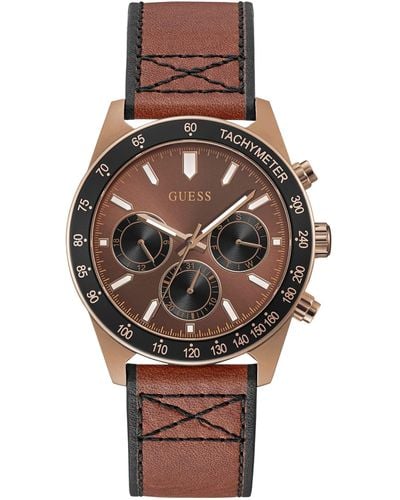 Guess Stainless Steel Quartz Watch With Leather Strap - Bruin