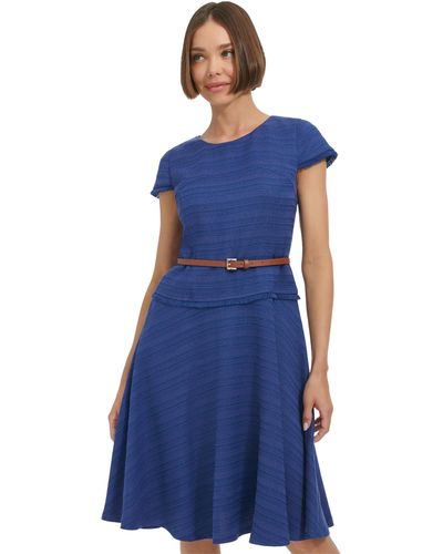Tommy Hilfiger Short Sleeve Round Neck Solid Hopsack Weave Dress - Blue