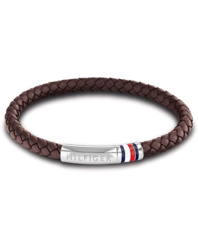 Tommy Hilfiger Braided Stainless Steel And Brown Leather Bracelet With Magnetic Closure - Black