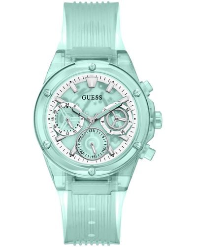 Guess Ladies Sport Clear Multifunction 39mm Watch – Transparent Turquoise Dial Polycarbonate Case With Turquoise Transparent Silicone - Green