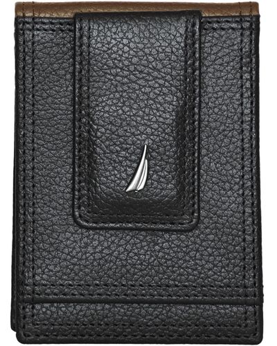Nautica Two-tone Front Pocket Leather Wallet And Money Clip With 6 Slots - Black