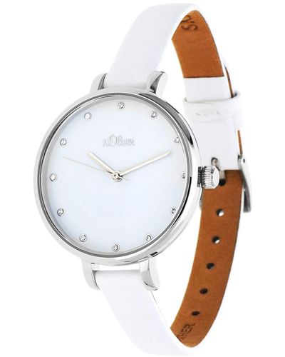 S.oliver Analog Quarz Armbanduhr mit Leder Armband SO-3455-LQ - Weiß