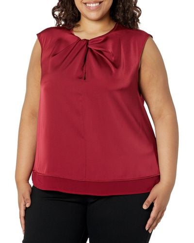 Calvin Klein Plus Size Elegant Shiny Crepe Twist Neck Sleeveless Blouse - Red