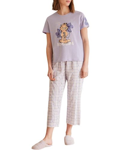 Women'secret Pijama 100% algodón Lila Garfield Juego - Morado
