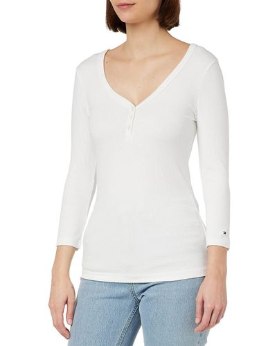 Tommy Hilfiger Mujer Camiseta ga Larga Slim 5X2 Rib Básica - Blanco