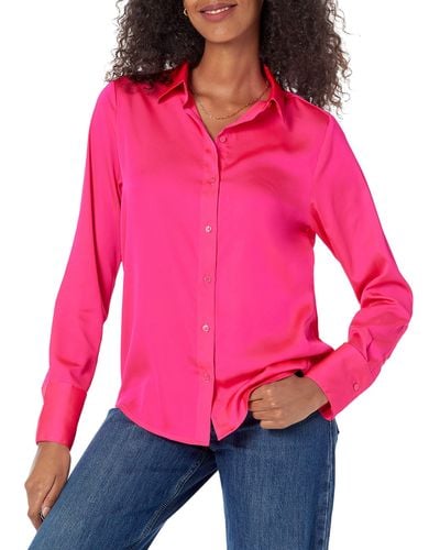 Amazon Essentials Classic-fit Satin Button Down Blouse - Red