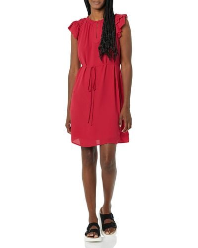 Amazon Essentials Relaxed Fit Lightweight Georgette Split Neck Flutter Sleeve Shift Dress - Red