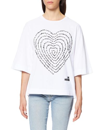 Love Moschino Loose fit t-Shirt Wide Elbow-Length Sleeves with a Calligram 3-D Heart Print and Logo - Blanc