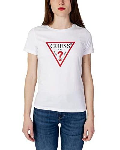 Guess T-shirt d'été à manches courtes pour femmes en coton blanc avec imprimé XXL