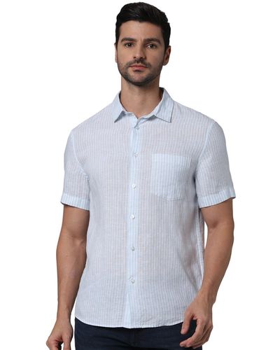 Celio* Camicia casual da uomo in lino a righe blu vestibilità regolare - Bianco
