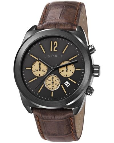Esprit Dylan Chrono Quartz Watch With Black Dial Chronograph Display And Brown Leather Strap Es107571003 - Multicolour