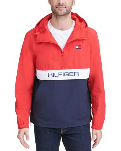 Tommy Hilfiger Lightweight Taslan Hooded Popover Windbreaker Jacket Outerwear - Red