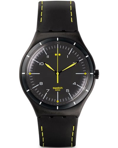 Swatch Analog Quarz Uhr mit Leder Armband YWB100 - Mehrfarbig