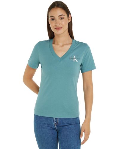 Calvin Klein T-Shirt Kurzarm Monologo Slim V-Ausschnitt - Blau