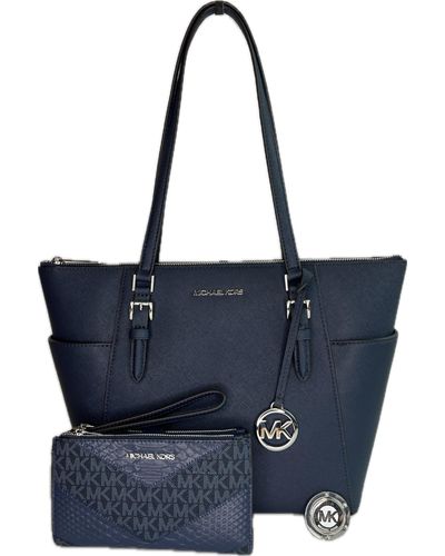 Michael Kors Charlotte Large Zip Tote Bundled With Double Zip Wallet And Purse Hook - Blue