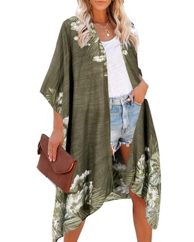 HIKARO Long Kimono Floral Cardigans Beach Bikini Cover Up Sarongs Print Boho Cardigan Open Front Loose Shawl Blouse Summer for Ladies - Vert