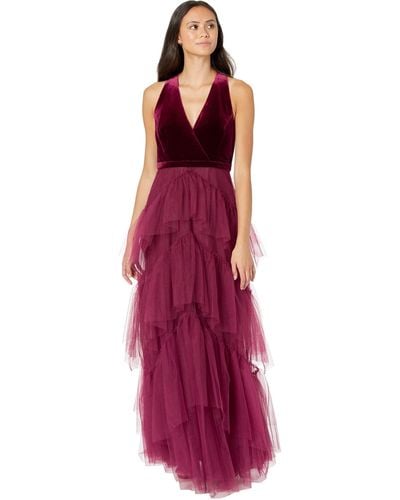 BCBGMAXAZRIA Sleeveless Fit And Flare Evening Dress V Neck Tiered Ruffle Skirt - Purple