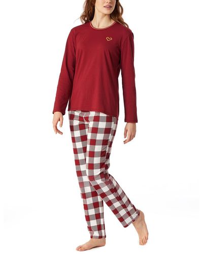 Schiesser Schlafanzug lang 100% Baumwolle ohne Bündchen Pyjamaset - Rot