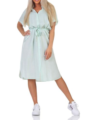 Vero Moda Kurzarm Midi Kleid VMBumpy Hemd Blusenkleid mit Gürtel 10279684 Silt Green Snow White S - Blau