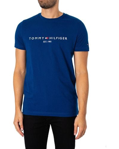 Tommy Hilfiger Camiseta de ga Corta para Hombre con Cuello Redondo y Logotipo Tommy - Azul