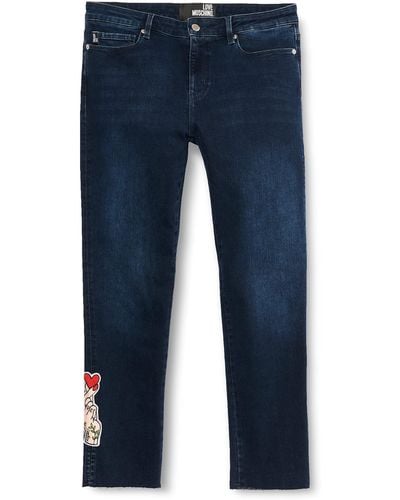 Love Moschino Cropped Triblend Personalised with llogo Embroidered Hand Patch at The Hem Pantalon décontracté - Bleu