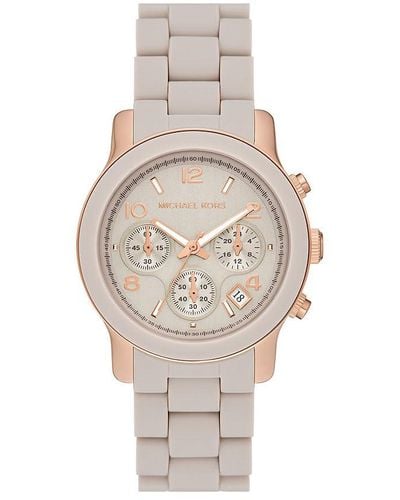 Michael Kors Runway Chronograph Rose Gold-tone Stainless Steel And Wheat Beige Silicone Bracelet Watch - Metallic