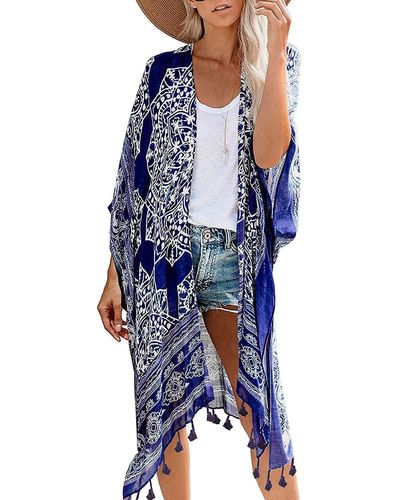 HIKARO Mit Blumenmuster Strand Kimono Schal Lange Bademode Cover-Ups Sommer - Blau