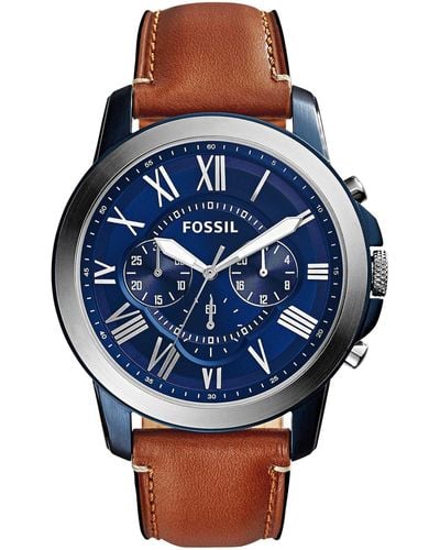 Fossil Grant Quartz Stainless Steel And Leather Chronograph Watch, Color: Blue, Brown (model: Fs5151)