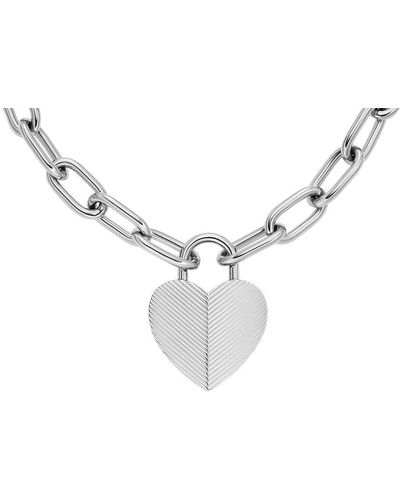 Fossil Kette Harlow Linear Texture Anhänger Heart Edelstahl - Weiß