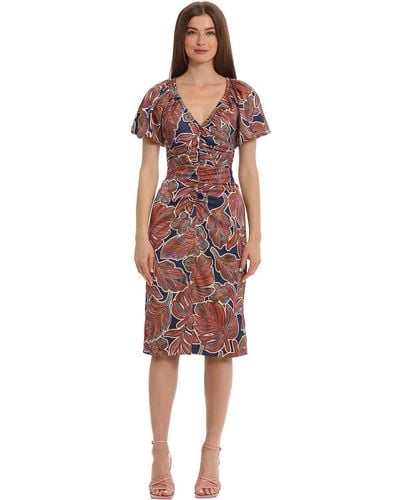 Maggy London Floral Printed V-neck Empire Waist Midi Dress - Red