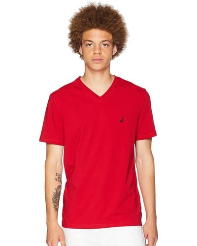 Nautica Mens Short Sleeve Solid Slim Fit V-neck T-shirt Fashion T Shirts - Red