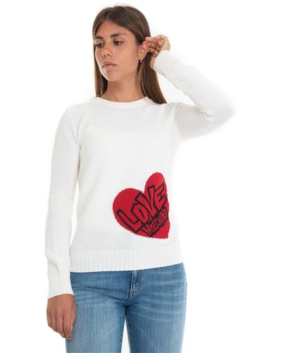 Love Moschino Slim Fit Long-sleeved With Red Heart Jacquard Intarsia On The Front. pullover - Weiß