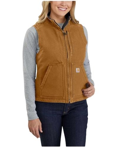 Carhartt Loose Fit Washed Duck Sherpa Lined Mock Vest Work Utility Oberbekleidung - Braun