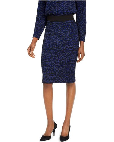 Michael Kors Michael S Blue Knit Animal Print Knee Length Pencil Wear To Work Skirt Uk