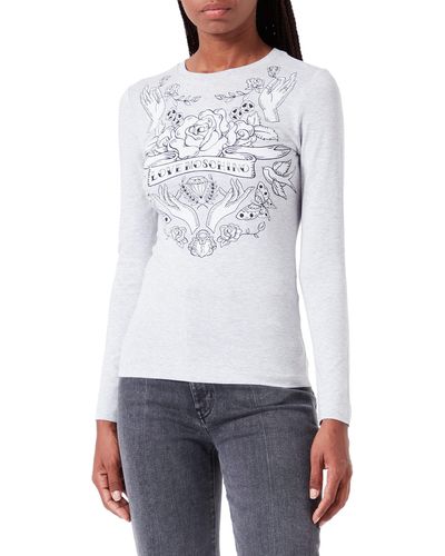 Love Moschino Tight-fitting Long Sleeves With Rose And Hands Print With Transparent Rhinestones T Shirt - Weiß