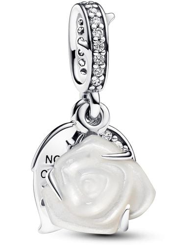 PANDORA Moments White Rose Sterling Silver Double Dangle With White Bioresin Man-made Mother Of Pearl And Clear Cubic Zirconia