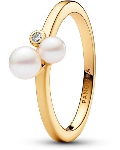 PANDORA Timeless 14k Gold-plated Ring With White Treated Freshwater Cultured Pearl And Clear Cubic Zirconia - Metallic