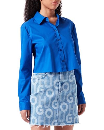 HUGO S Etuis Cropped Regular-fit Blouse In Stretch Cotton Blue