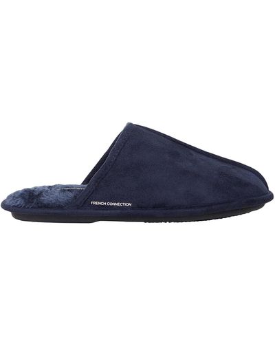 French Connection Mule Slippers Soft Faux Fur Lightly Cushioned Footbed - Blue