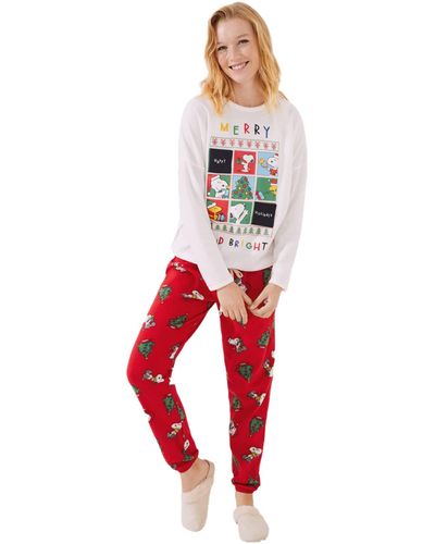Women'secret Pijama Largo De Pantalón Skinny En Tejido Polar Estampado con Motivos Navideños Acompañado De Snoopy - Rojo