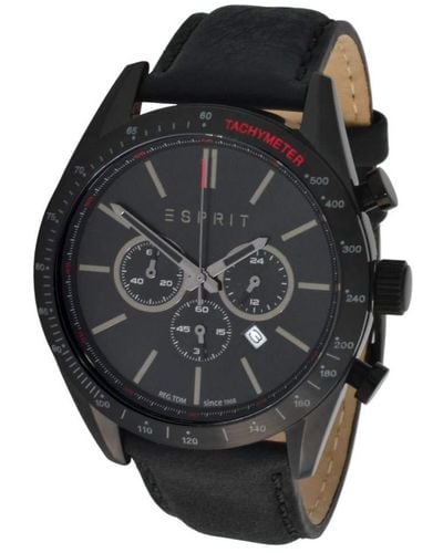 Esprit Quartz Chronograph Es108811001 Black Genuine Leather Strap 10 Atm