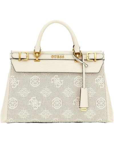 Guess Sestri Logo Luxury Satchel Natural/Stone Logo - Metallizzato