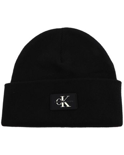 Calvin Klein Monologo Patch Non-rib Beanie Knitted Hat - Black