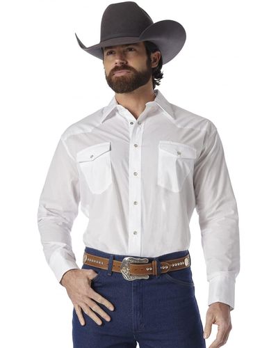Wrangler Camicia da Uomo Sportiva Western Basic a Due Tasche a iche Lunghe - Bianco